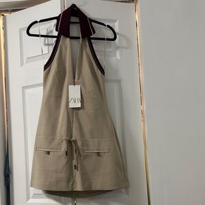 Zara Tan Halter Dress with Dark Red Collar